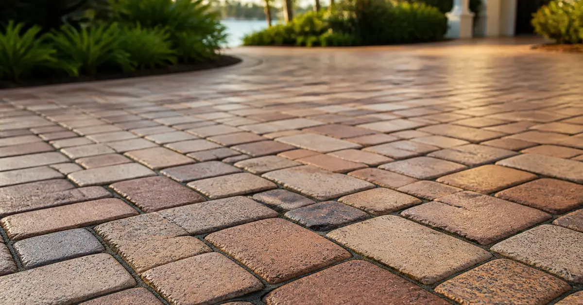 Clean brick pavers with darker moisture still visible in the joints at a St. Petersburg home