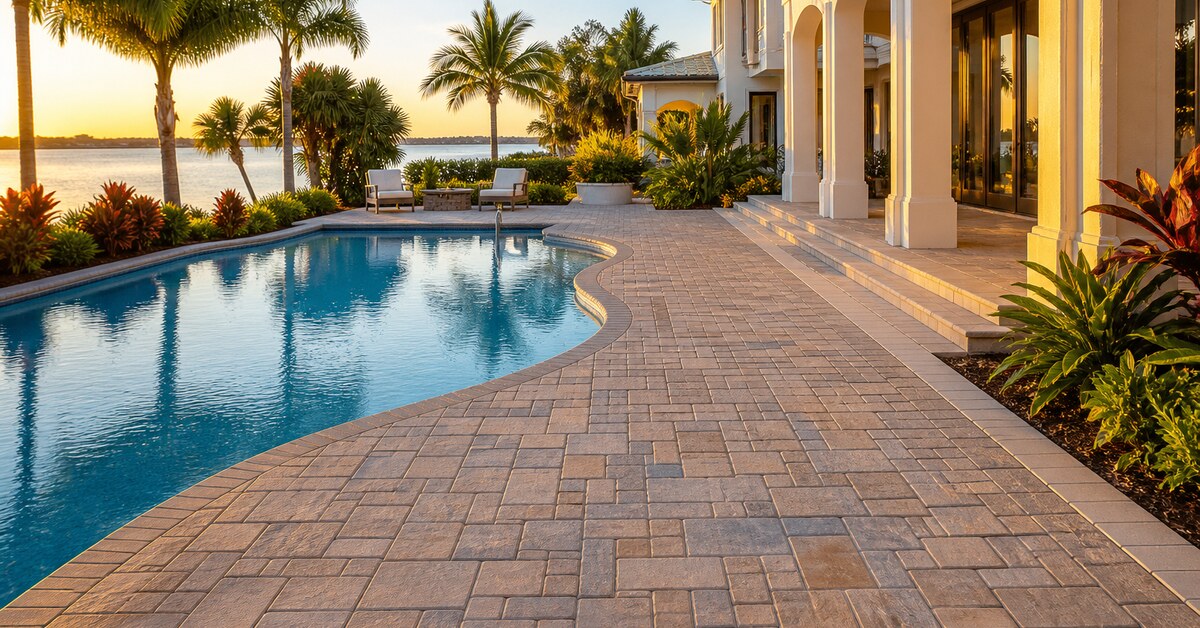 Finished paver edge repair with straight border rows around a St. Petersburg pool deck