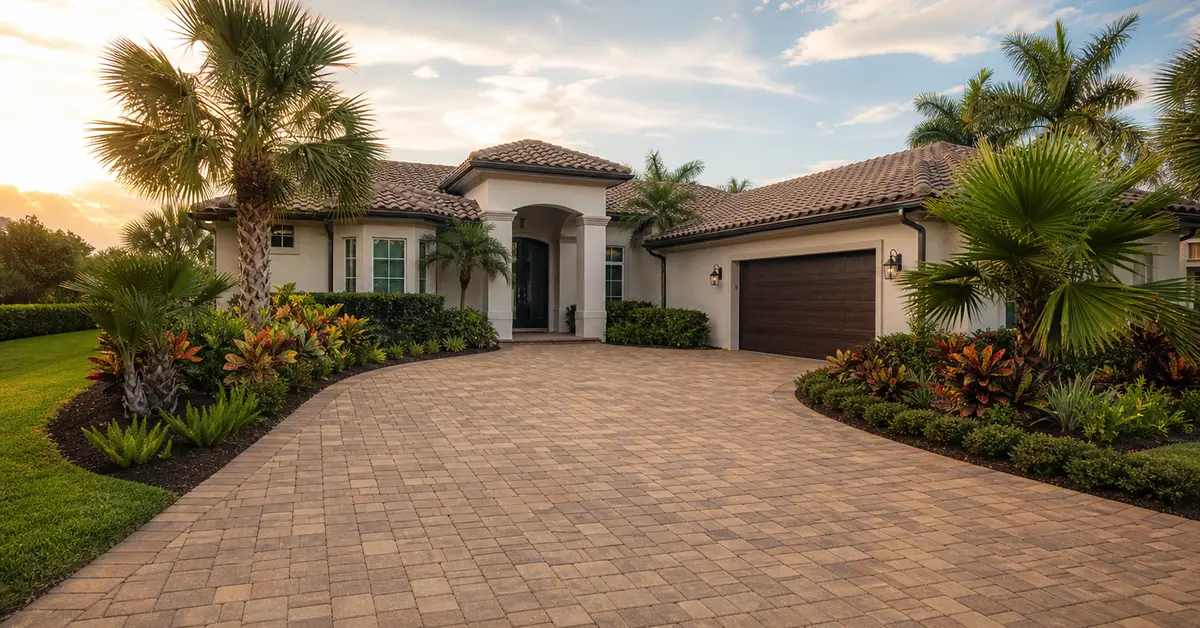 Paver efflorescence restoration result on a clean brick driveway at a St. Petersburg home