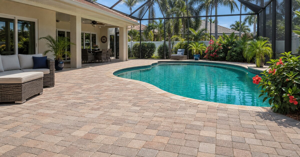Paver repair result on a level brick pool deck in St. Petersburg