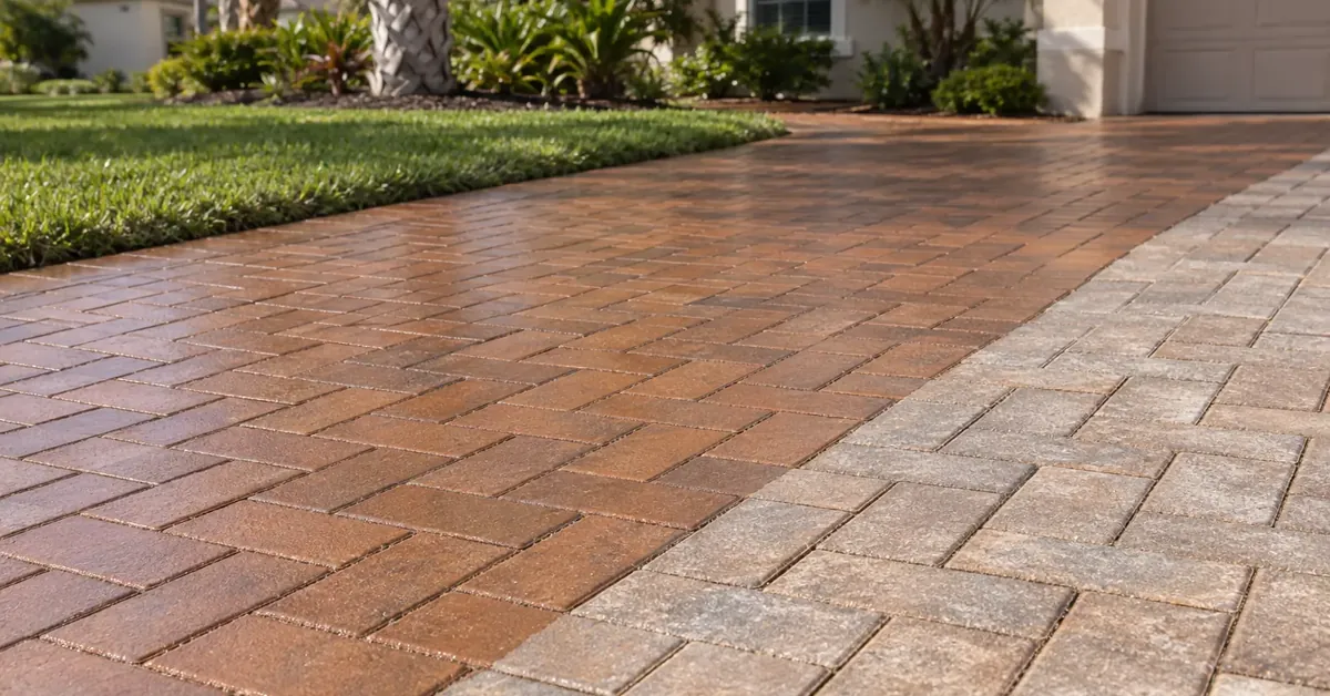 Sealed paver driveway next to a faded unsealed section, showing what affects paver sealing cost in Florida