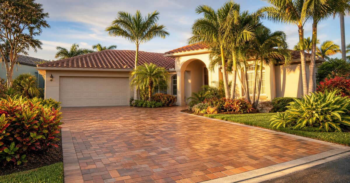 Paver sealing result on a brick driveway at a St. Petersburg home before rainy season