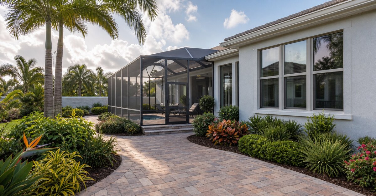 Pressure washing services result on clean pavers and stucco at a Pinellas County home