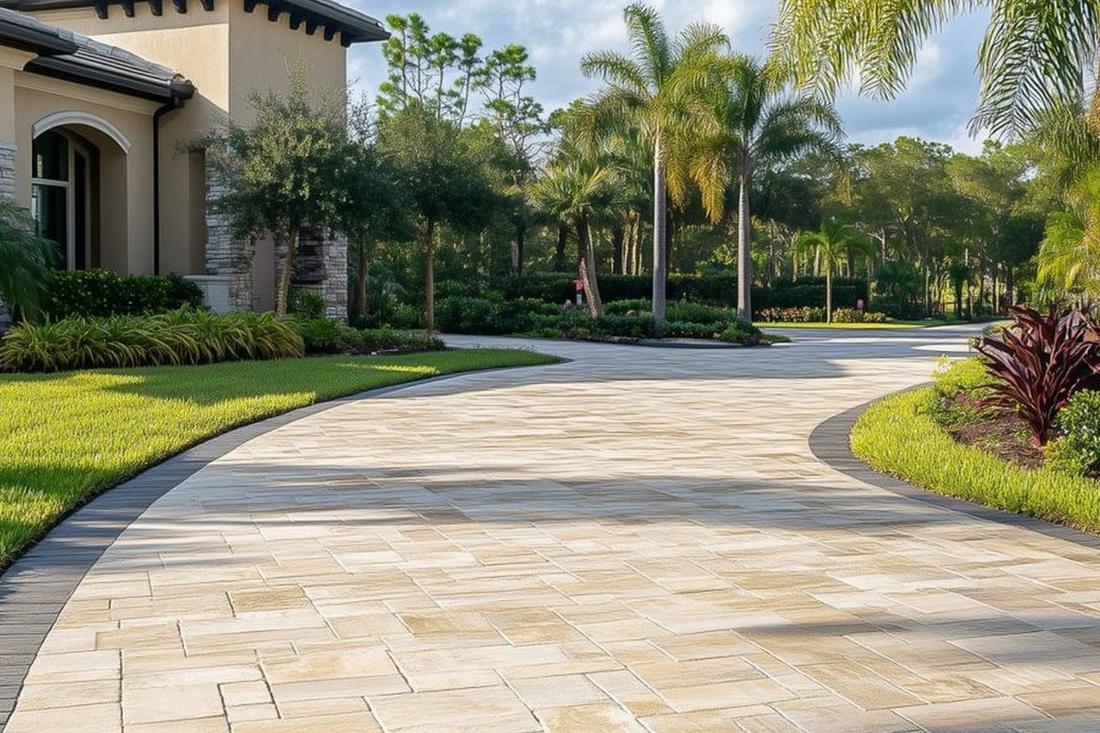 Bright residential paver driveway with clean lines and landscaped edges