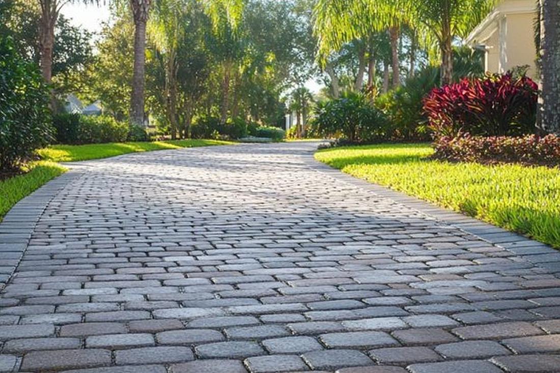 Curved residential paver driveway with a clean finished edge