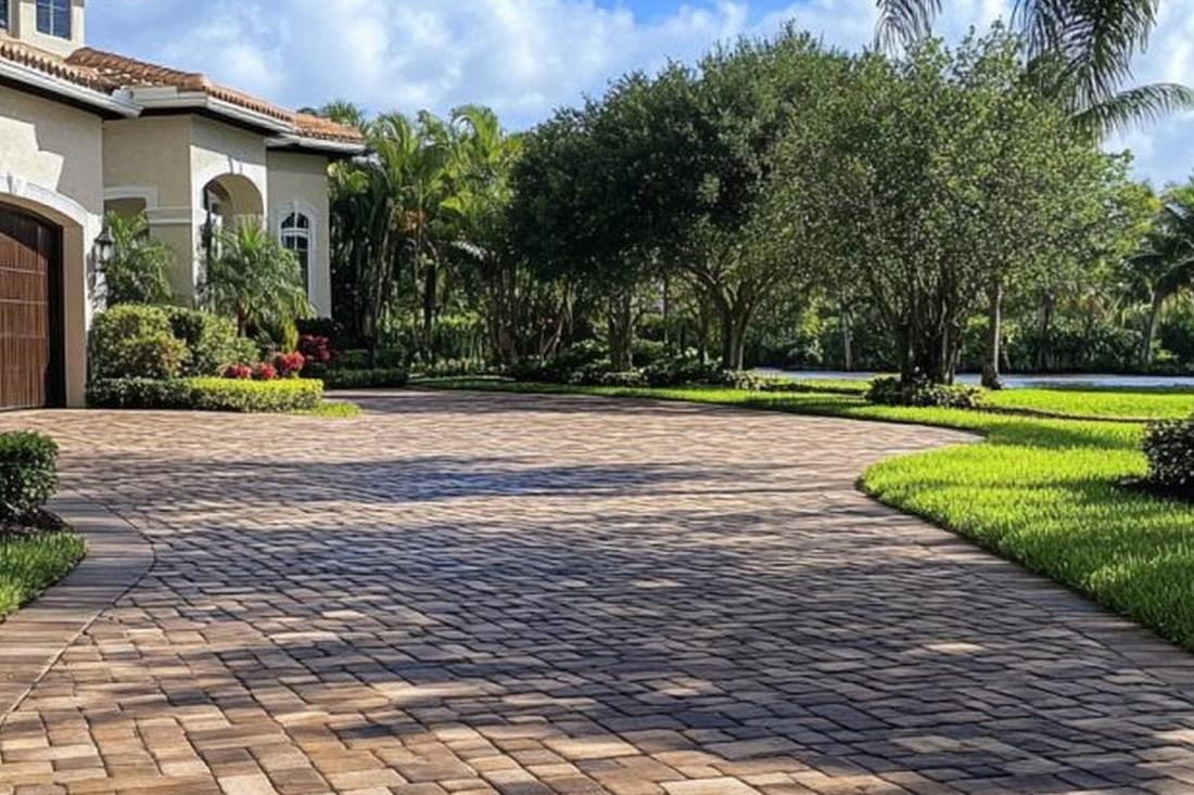 Finished paver driveway leading to a landscaped Safety Harbor home