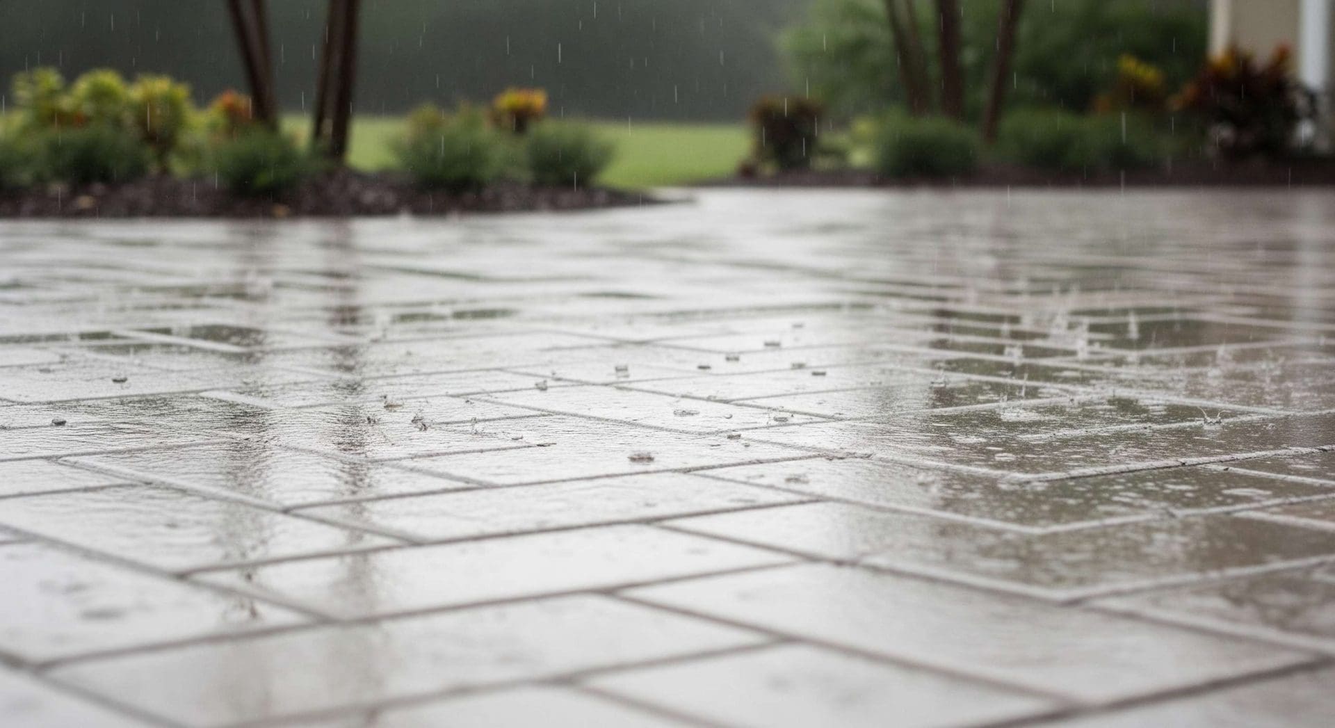 A paver patio in Clearwater, Florida, during a summer storm, showing the benefits of sealing pavers as water beads form on the water-resistant surface while rain gently falls, with surrounding landscaping slightly wet.